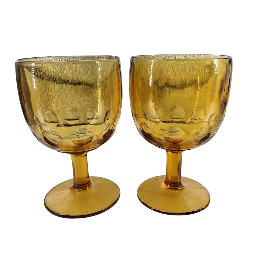 Vintage Amber Glass Thumbprint Goblets MCM Water Wine Glasses Set of 2